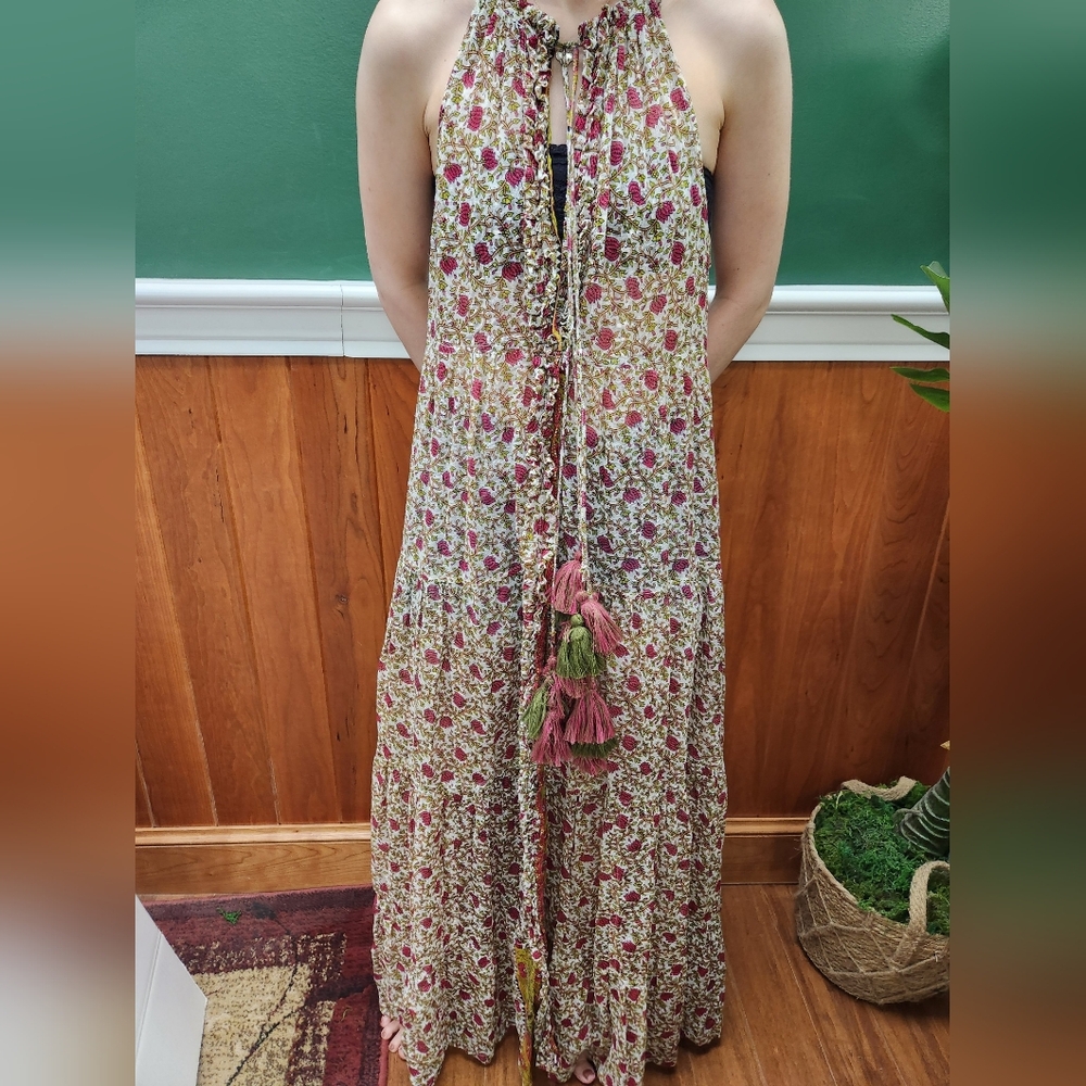 Poupette St Barth Floral Boho Tassel Cotton Maxi Dress Womens XS